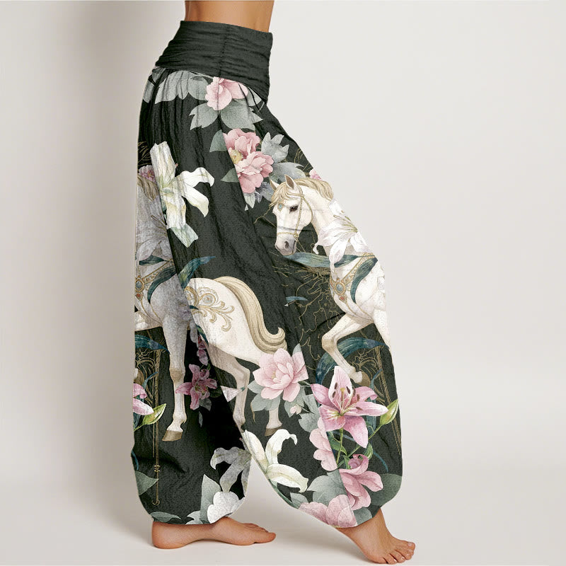 Nimara Ritual Pure Cotton Romantic Horse Lily Peony Pattern Women's Elastic Waist Harem Pants