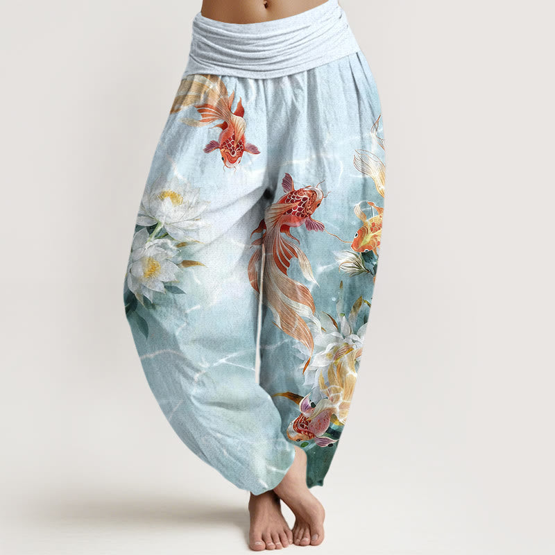 Nimara Ritual Pure Cotton Light-Colored Koi Fish Lotus Flower Pattern Women's Elastic Waist Harem Pants