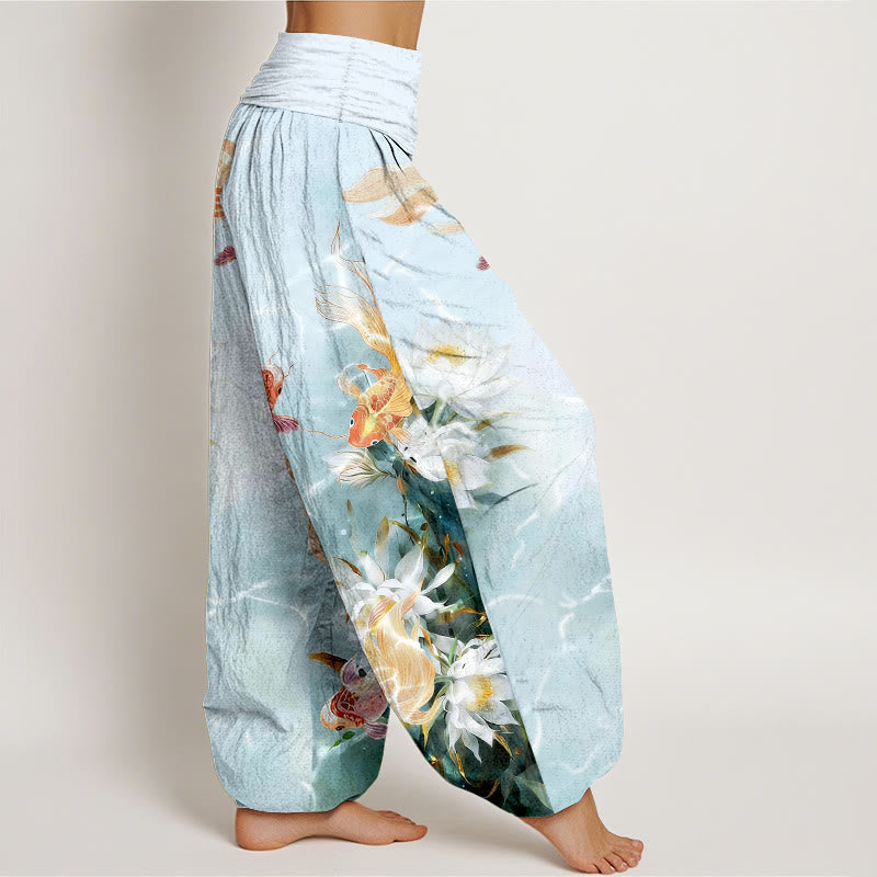 Nimara Ritual Pure Cotton Light-Colored Koi Fish Lotus Flower Pattern Women's Elastic Waist Harem Pants