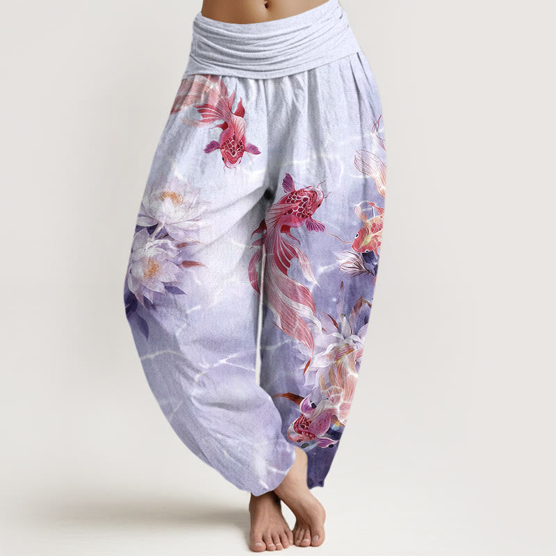 Nimara Ritual Pure Cotton Light-Colored Koi Fish Lotus Flower Pattern Women's Elastic Waist Harem Pants
