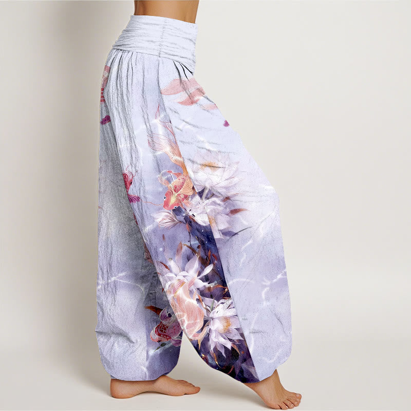 Nimara Ritual Pure Cotton Light-Colored Koi Fish Lotus Flower Pattern Women's Elastic Waist Harem Pants