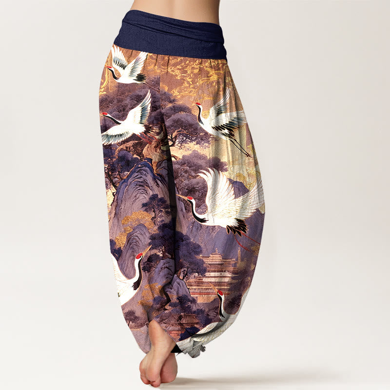 Nimara Ritual Pure Cotton Gorgeous Crane Mountain Pine Tree Pattern Women's Elastic Waist Harem Pants