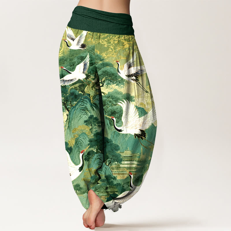 Nimara Ritual Pure Cotton Gorgeous Crane Mountain Pine Tree Pattern Women's Elastic Waist Harem Pants