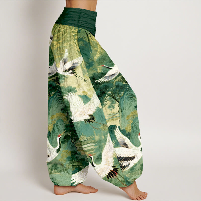 Nimara Ritual Pure Cotton Gorgeous Crane Mountain Pine Tree Pattern Women's Elastic Waist Harem Pants