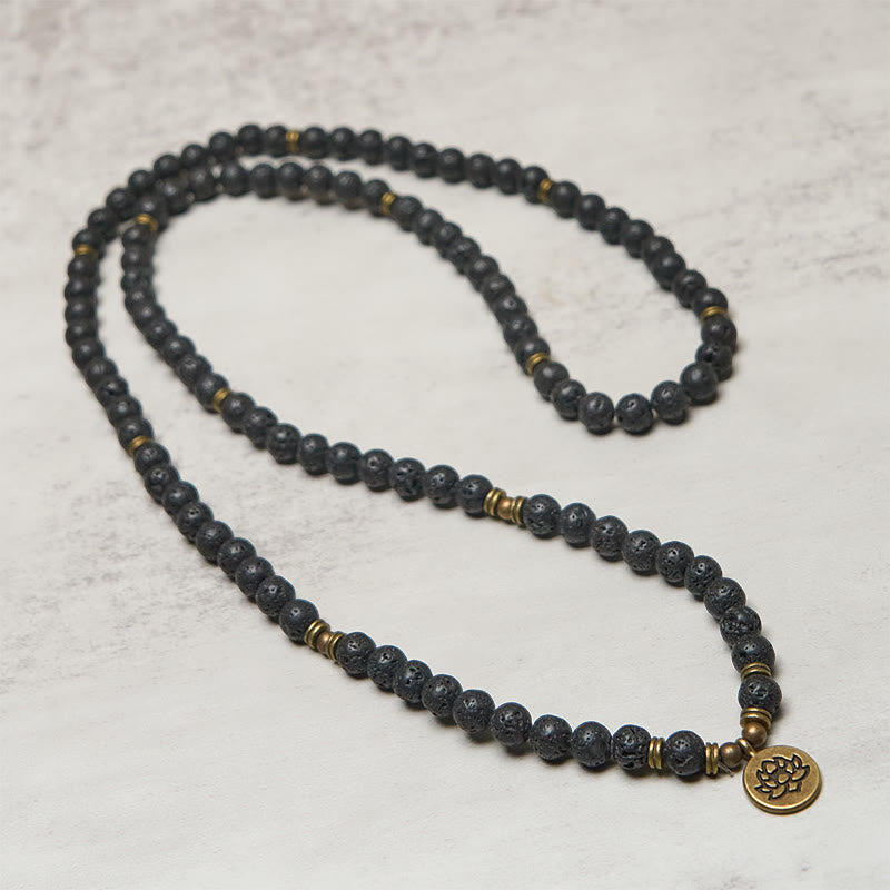 Nimara Ritual Retro Lotus Symbol Charm Lava Rock Bead Healing New Beginning Mala