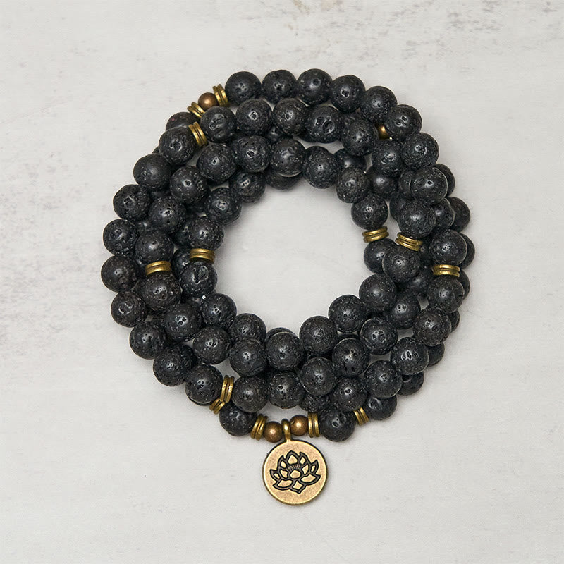 Nimara Ritual Retro Lotus Symbol Charm Lava Rock Bead Healing New Beginning Mala
