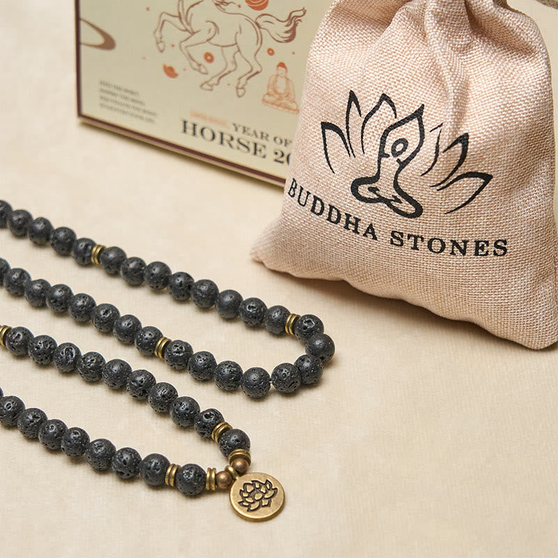 Nimara Ritual Retro Lotus Symbol Charm Lava Rock Bead Healing New Beginning Mala