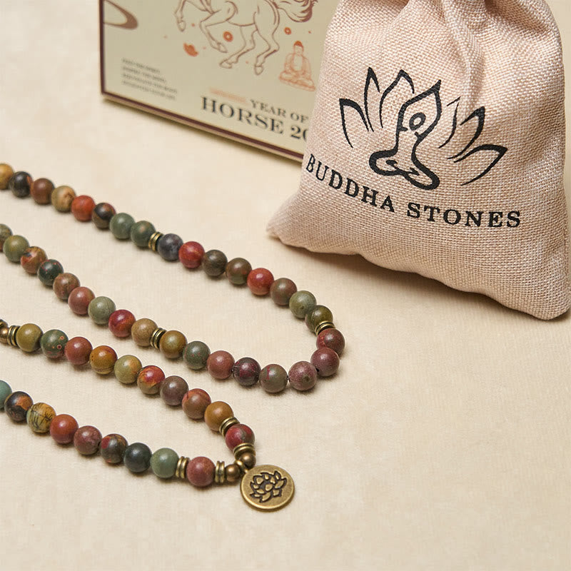Nimara Ritual Retro Lotus Symbol Charm Round Bead Red Turquoise Warm Mala