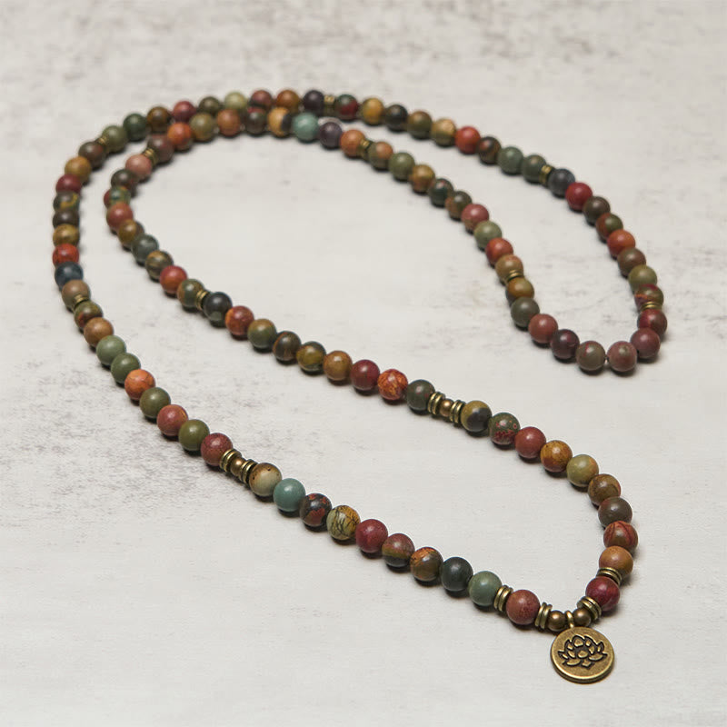 Nimara Ritual Retro Lotus Symbol Charm Round Bead Red Turquoise Warm Mala