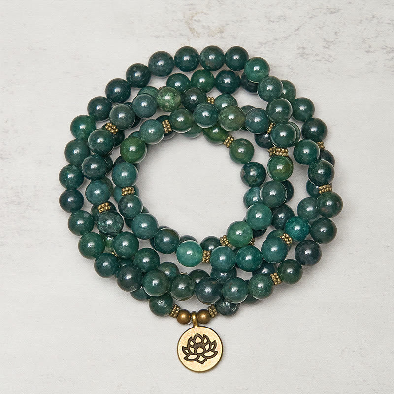 Nimara Ritual Lotus Symbol Charm Round Bead Moss Agate Healing Mala