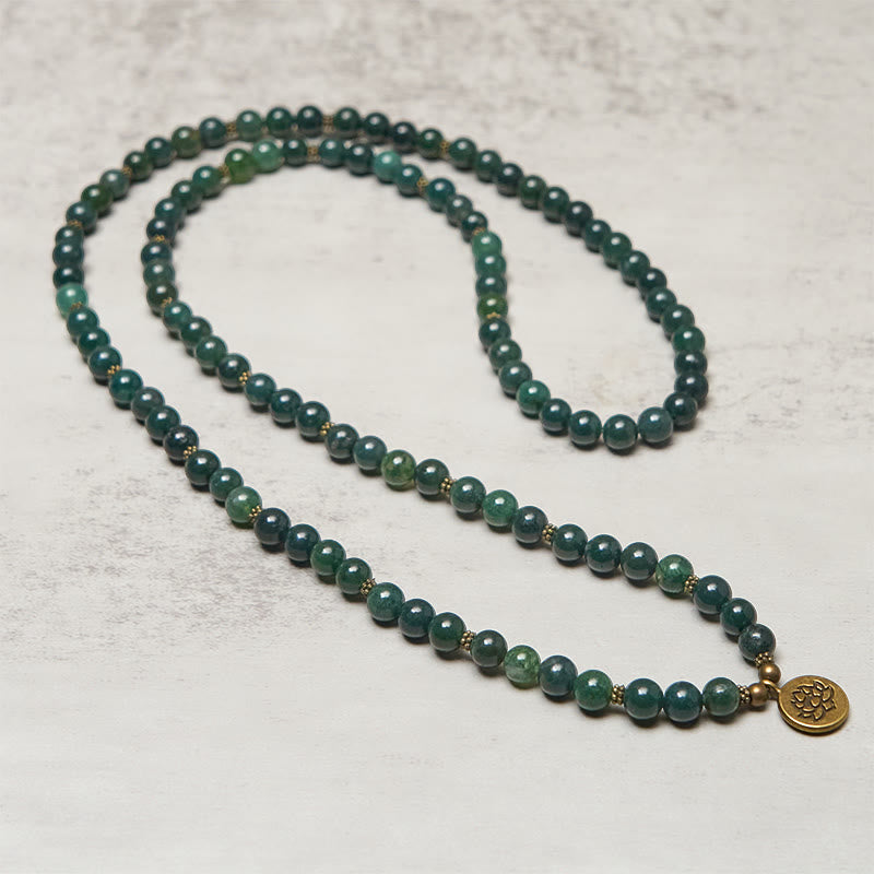 Nimara Ritual Lotus Symbol Charm Round Bead Moss Agate Healing Mala