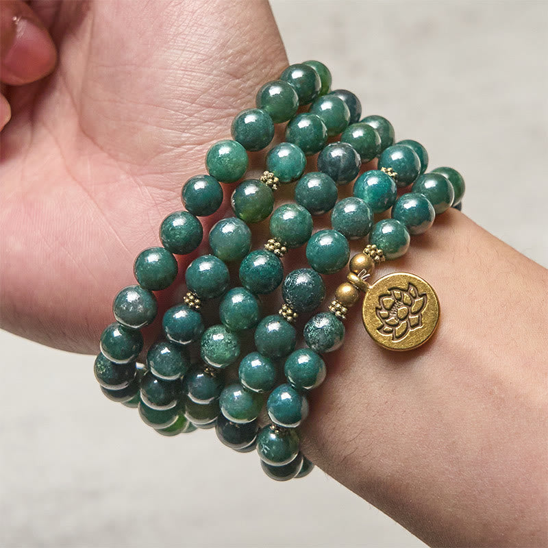Nimara Ritual Lotus Symbol Charm Round Bead Moss Agate Healing Mala