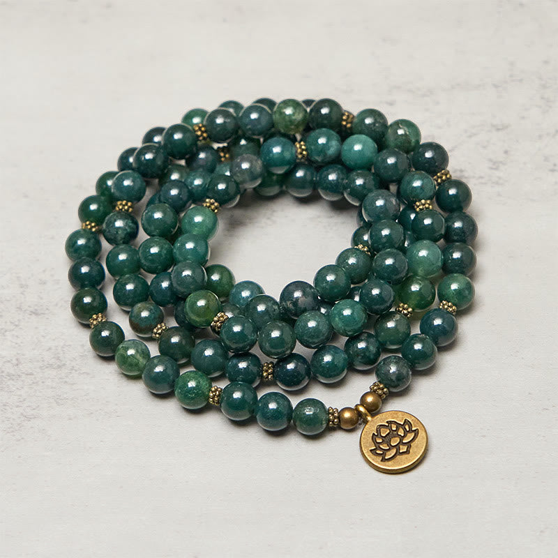 Nimara Ritual Lotus Symbol Charm Round Bead Moss Agate Healing Mala