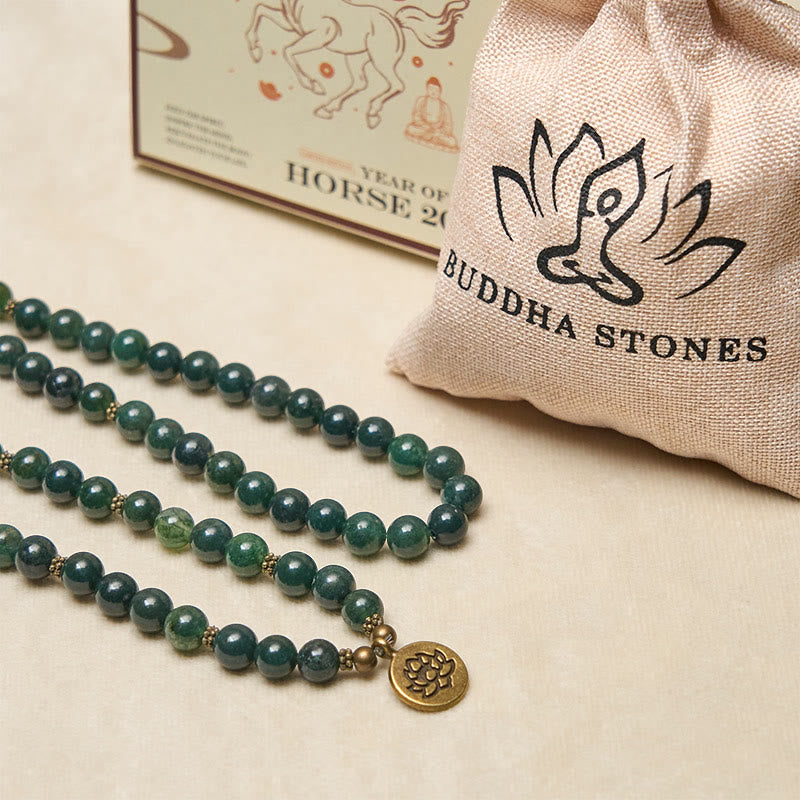 Nimara Ritual Lotus Symbol Charm Round Bead Moss Agate Healing Mala