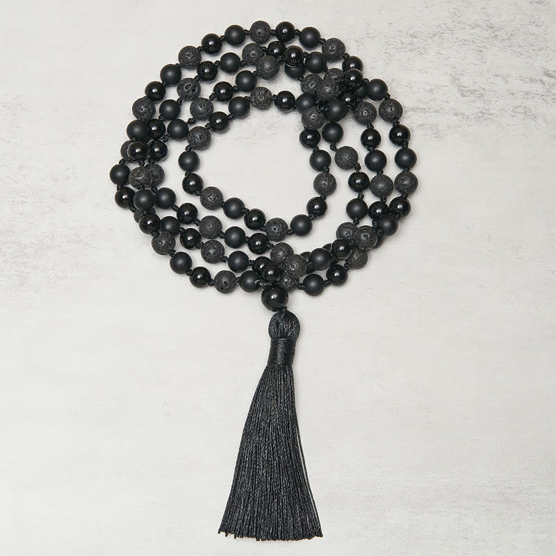 Nimara Ritual 8mm Beads Black Onyx Lava Rock Tassel Protection Fortune Mala