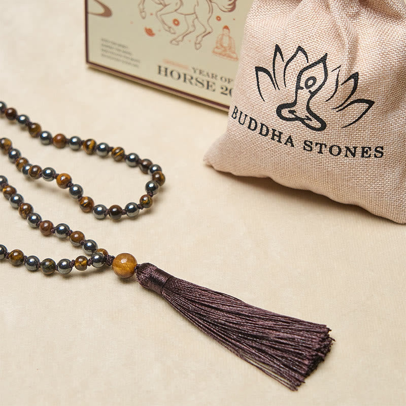 Nimara Ritual 108 Beads Tiger Eye Hematite Tassel Courage Strength Mala