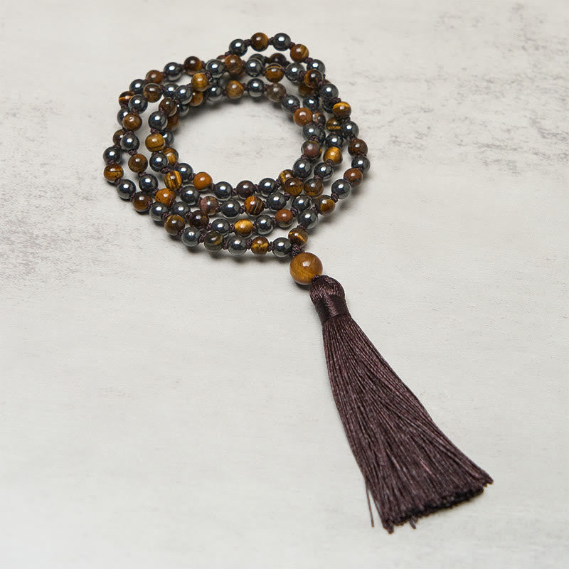 Nimara Ritual 108 Beads Tiger Eye Hematite Tassel Courage Strength Mala