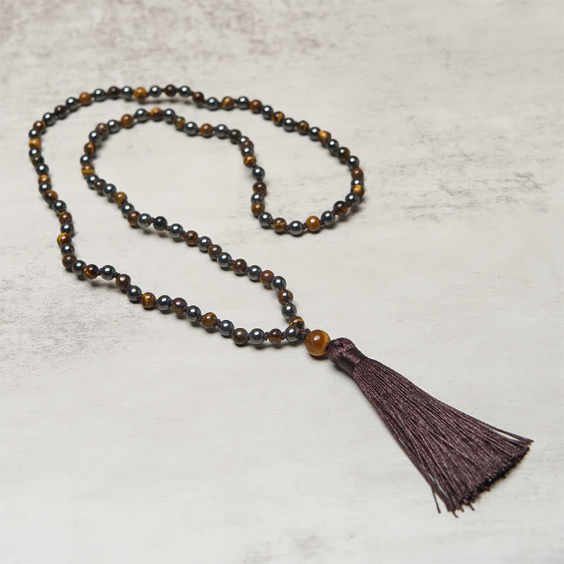 Nimara Ritual 108 Beads Tiger Eye Hematite Tassel Courage Strength Mala
