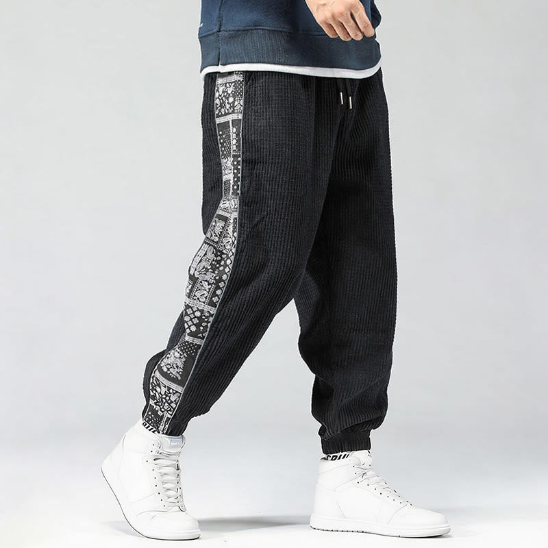 Nimara Ritual Fall Solid Drawstring Side Paisley Pattern Straight Leg Ankle-length Corduroy Men's Pants With Pockets
