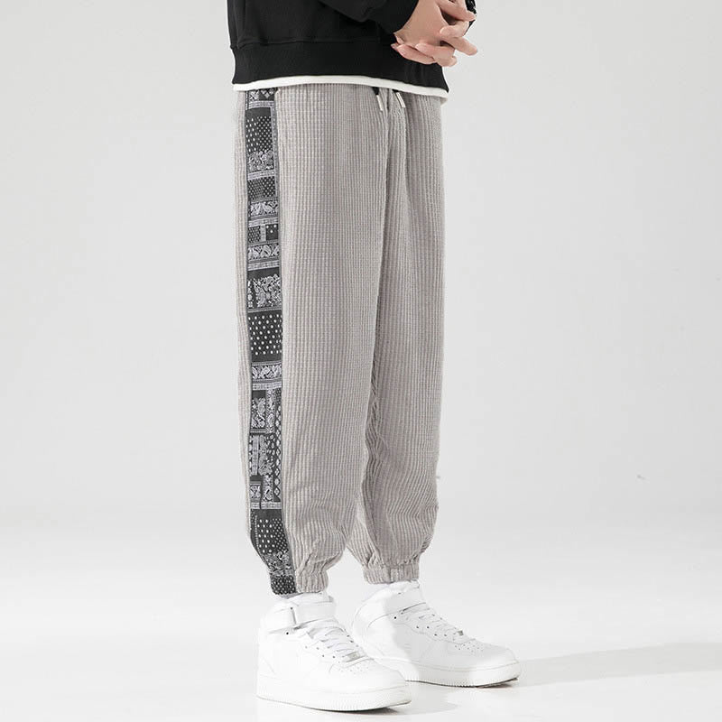 Nimara Ritual Fall Solid Drawstring Side Paisley Pattern Straight Leg Ankle-length Corduroy Men's Pants With Pockets