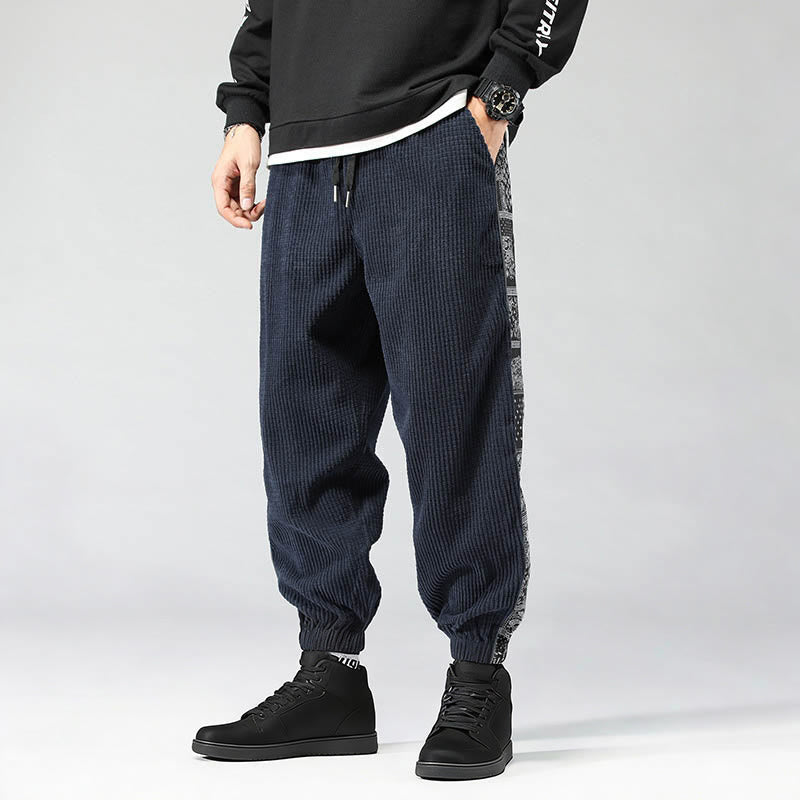 Nimara Ritual Fall Solid Drawstring Side Paisley Pattern Straight Leg Ankle-length Corduroy Men's Pants With Pockets