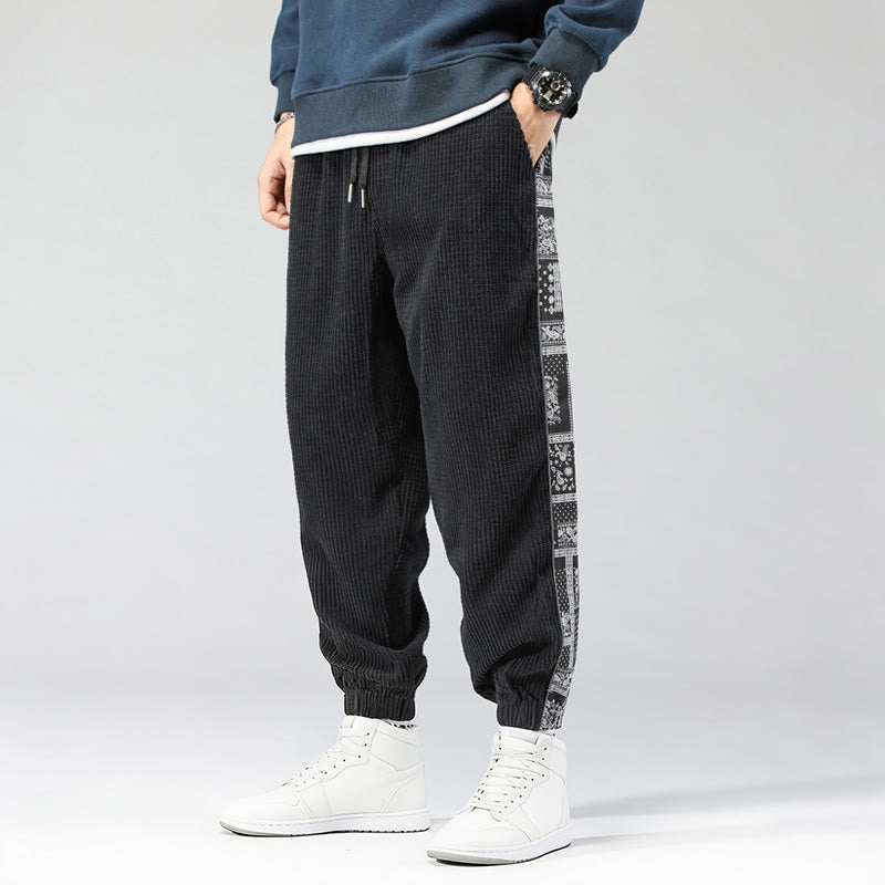 Nimara Ritual Fall Solid Drawstring Side Paisley Pattern Straight Leg Ankle-length Corduroy Men's Pants With Pockets