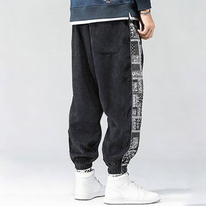 Nimara Ritual Fall Solid Drawstring Side Paisley Pattern Straight Leg Ankle-length Corduroy Men's Pants With Pockets