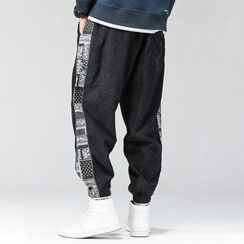 Nimara Ritual Fall Solid Drawstring Side Paisley Pattern Straight Leg Ankle-length Corduroy Men's Pants With Pockets