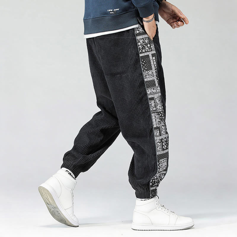 Nimara Ritual Fall Solid Drawstring Side Paisley Pattern Straight Leg Ankle-length Corduroy Men's Pants With Pockets