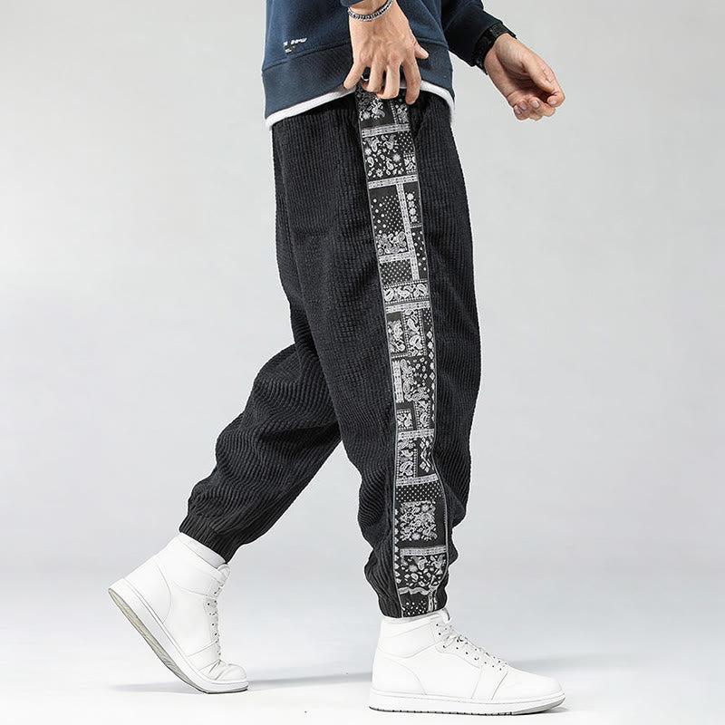 Nimara Ritual Fall Solid Drawstring Side Paisley Pattern Straight Leg Ankle-length Corduroy Men's Pants With Pockets