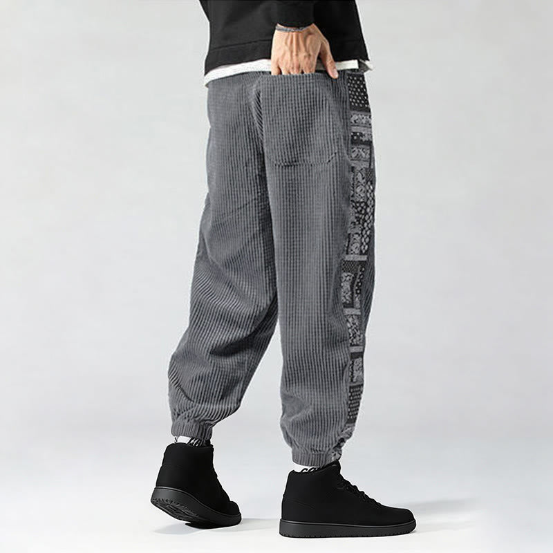 Nimara Ritual Fall Solid Drawstring Side Paisley Pattern Straight Leg Ankle-length Corduroy Men's Pants With Pockets
