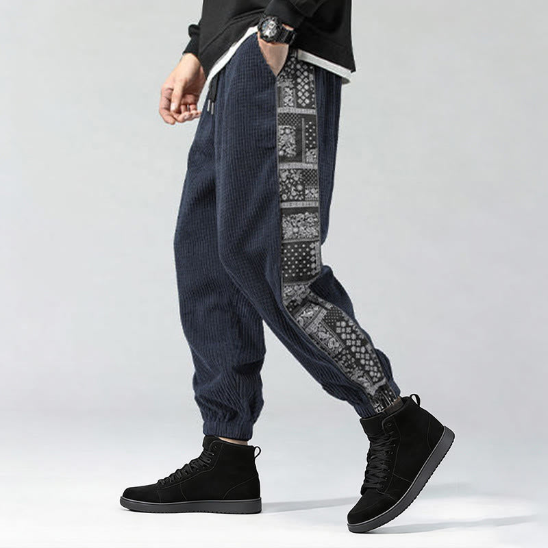Nimara Ritual Fall Solid Drawstring Side Paisley Pattern Straight Leg Ankle-length Corduroy Men's Pants With Pockets