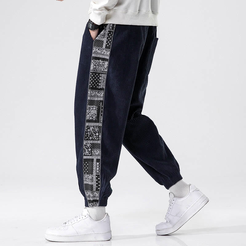 Nimara Ritual Fall Solid Drawstring Side Paisley Pattern Straight Leg Ankle-length Corduroy Men's Pants With Pockets