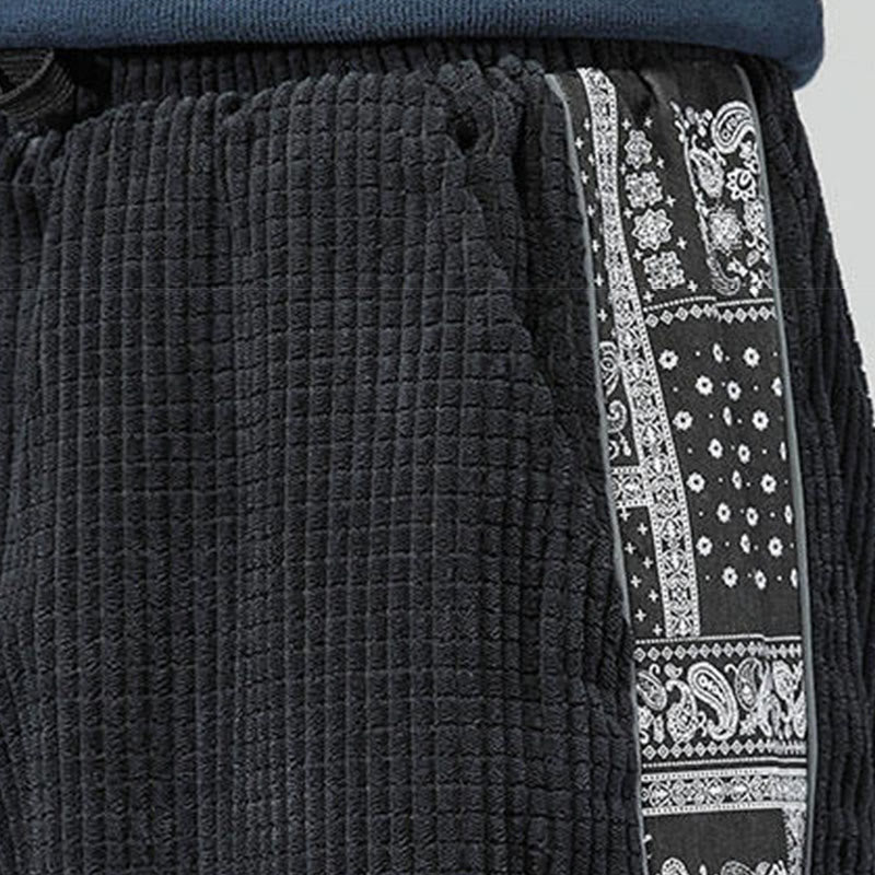 Nimara Ritual Fall Solid Drawstring Side Paisley Pattern Straight Leg Ankle-length Corduroy Men's Pants With Pockets