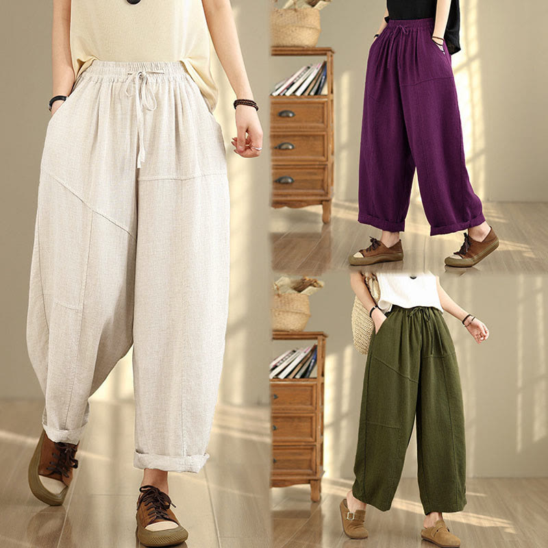 Nimara Ritual Women's Fall Plain Color Drawstring Cotton Linen 7-8 Length Pants With Pockets