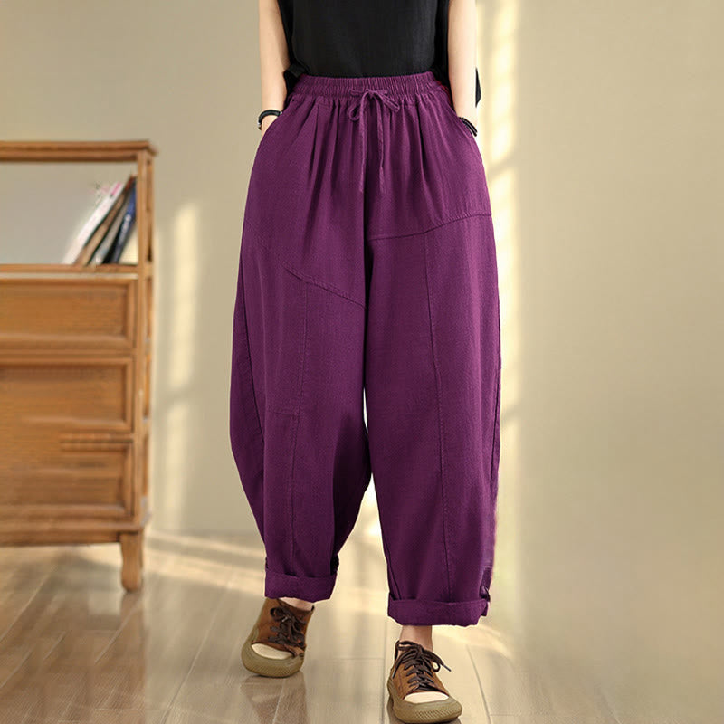 Nimara Ritual Women's Fall Plain Color Drawstring Cotton Linen 7-8 Length Pants With Pockets