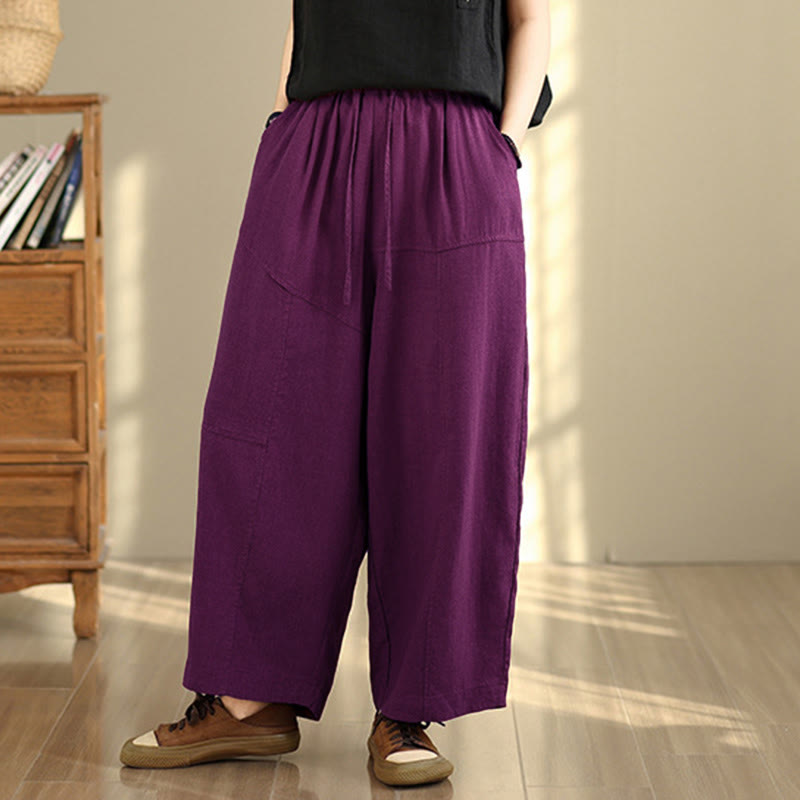 Nimara Ritual Women's Fall Plain Color Drawstring Cotton Linen 7-8 Length Pants With Pockets