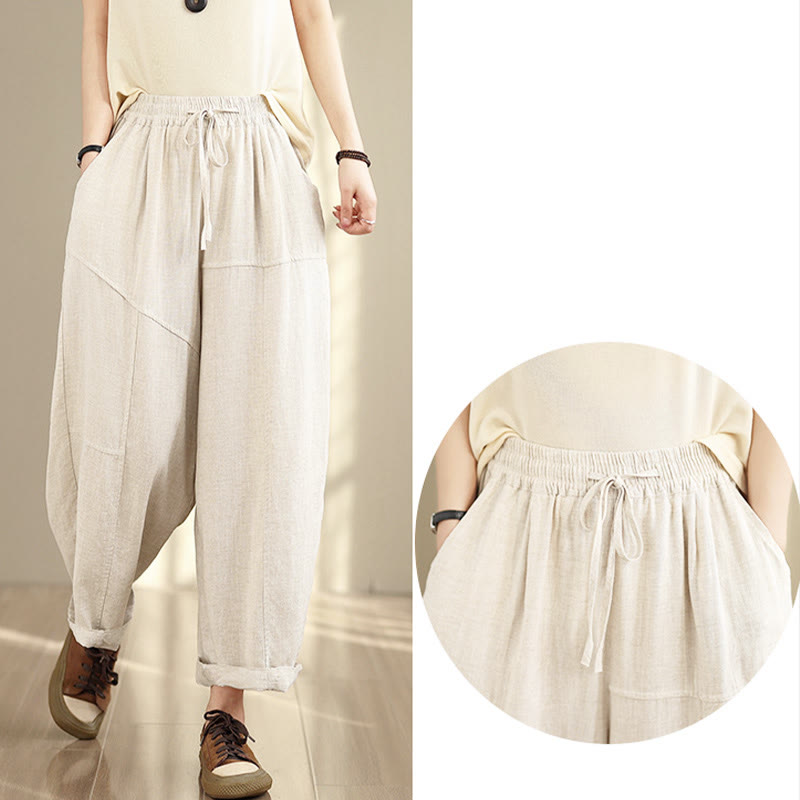 Nimara Ritual Women's Fall Plain Color Drawstring Cotton Linen 7-8 Length Pants With Pockets
