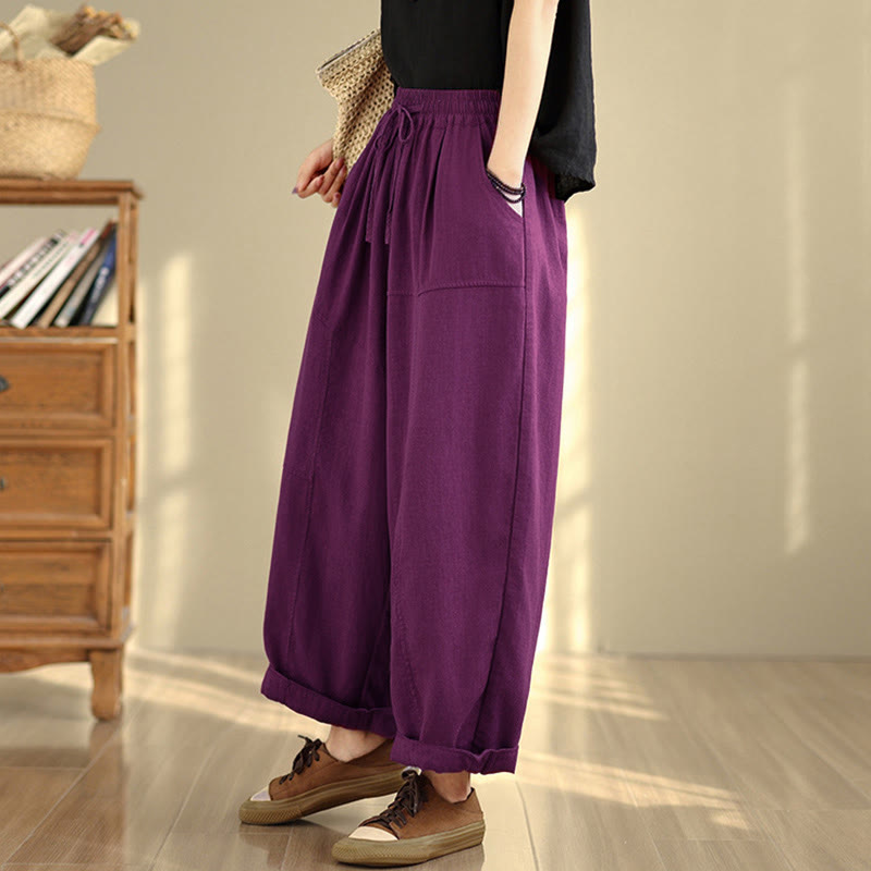 Nimara Ritual Women's Fall Plain Color Drawstring Cotton Linen 7-8 Length Pants With Pockets