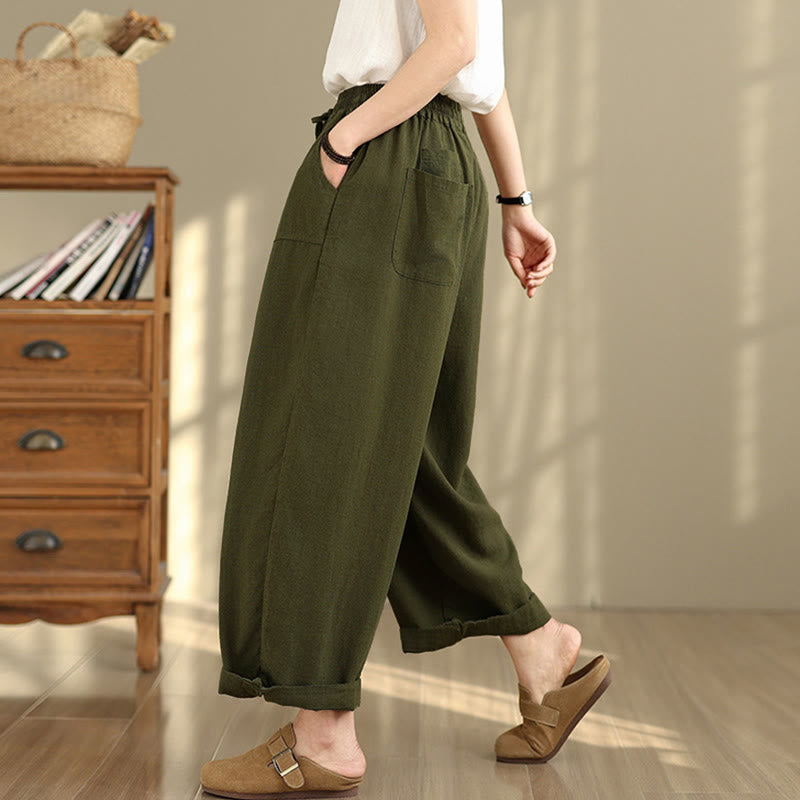 Nimara Ritual Women's Fall Plain Color Drawstring Cotton Linen 7-8 Length Pants With Pockets