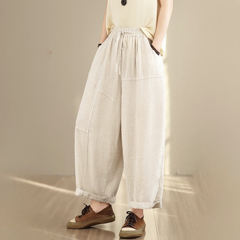 Nimara Ritual Women's Fall Plain Color Drawstring Cotton Linen 7-8 Length Pants With Pockets