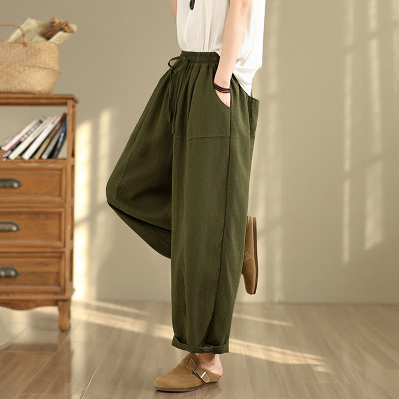 Nimara Ritual Women's Fall Plain Color Drawstring Cotton Linen 7-8 Length Pants With Pockets