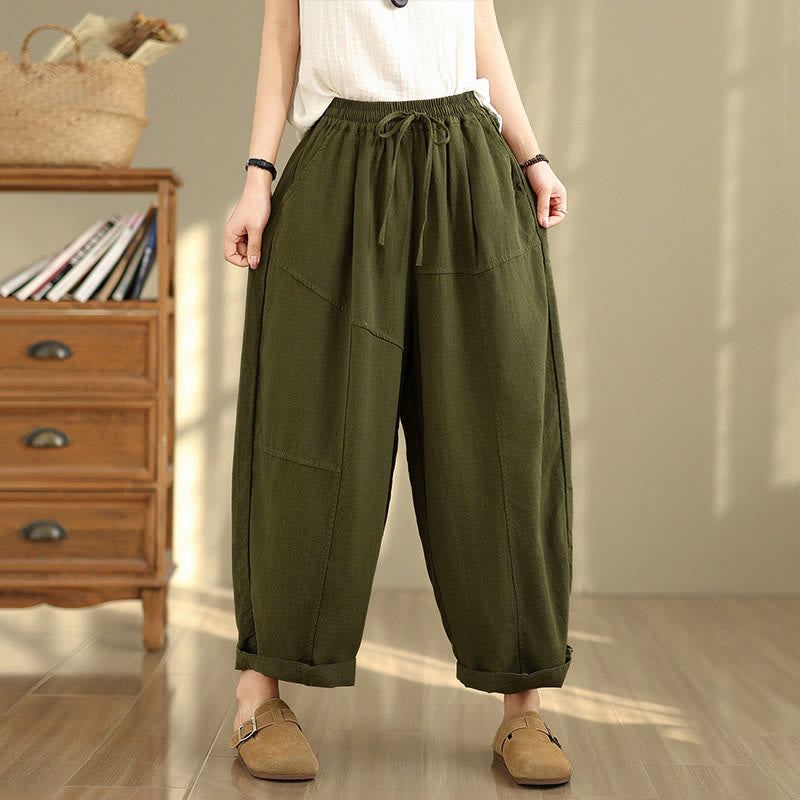 Nimara Ritual Women's Fall Plain Color Drawstring Cotton Linen 7-8 Length Pants With Pockets