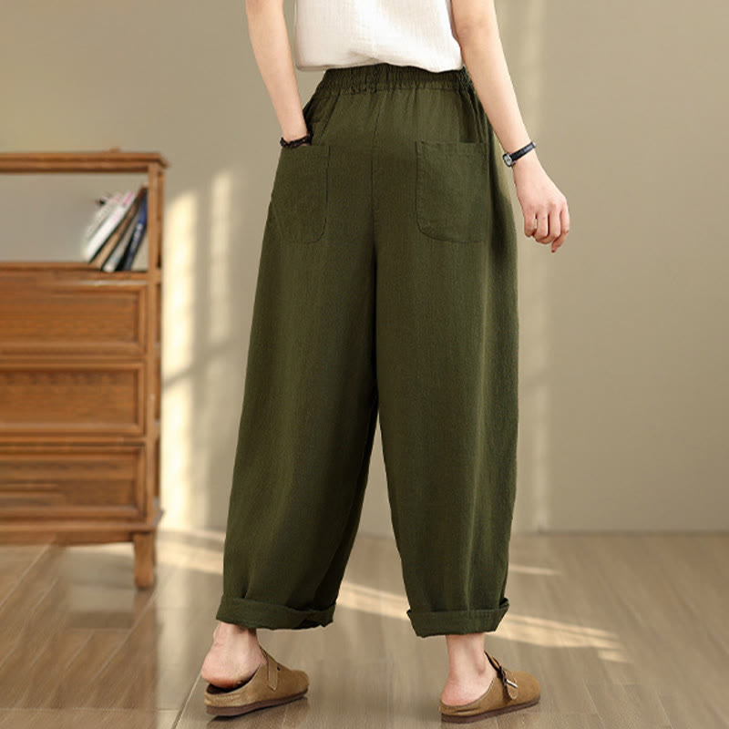 Nimara Ritual Women's Fall Plain Color Drawstring Cotton Linen 7-8 Length Pants With Pockets