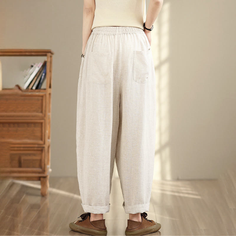 Nimara Ritual Women's Fall Plain Color Drawstring Cotton Linen 7-8 Length Pants With Pockets