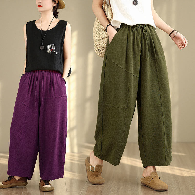 Nimara Ritual Women's Fall Plain Color Drawstring Cotton Linen 7-8 Length Pants With Pockets