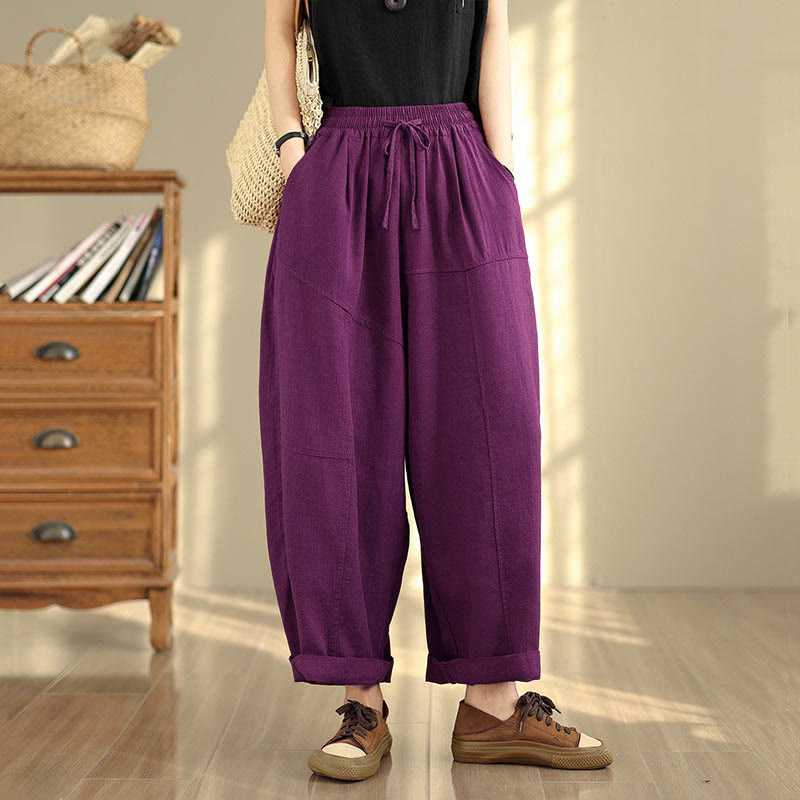 Nimara Ritual Women's Fall Plain Color Drawstring Cotton Linen 7-8 Length Pants With Pockets