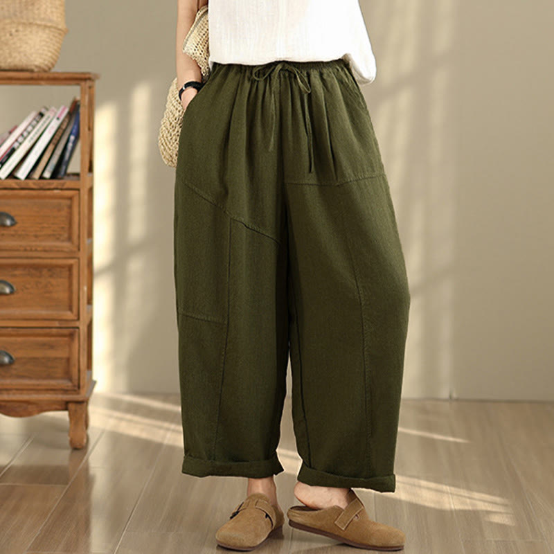 Nimara Ritual Women's Fall Plain Color Drawstring Cotton Linen 7-8 Length Pants With Pockets
