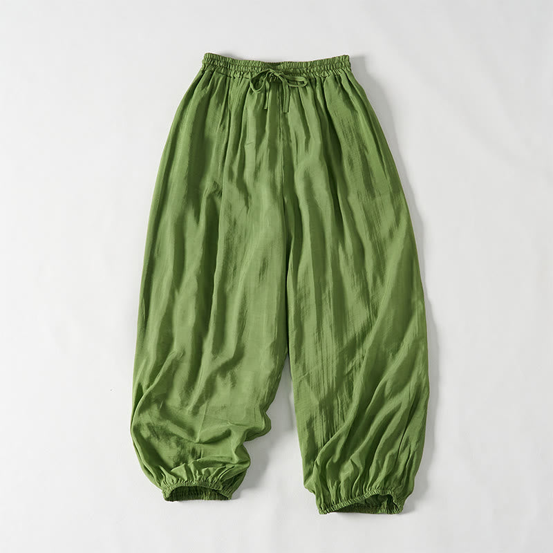Nimara Ritual Summer Green Ankle-Length Cotton Drawstring Women's Pants With Pockets
