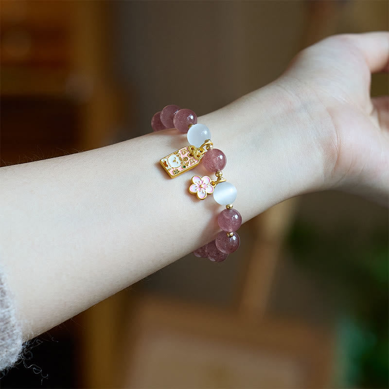 Nimara Ritual Lucky Cat Peach Blossoms Charm Strawberry Quartz White Cat's Eye Healing Bracelet